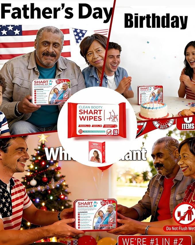 Funny Sharting Survival Set - Gag Gifts for Men, Boyfriend, Husband Birthday - Emergency Potty Humor Prank Gift Includes 2pcs Wet Wipes & 2pcs Toilet Paper - Hilarious Fart Novelty Gift for Adults