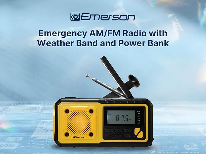 Emerson ER-7051 Emergency AM/FM Radio with NOAA Weather Band, Built-in Power Bank, Hand Crank, Solar Charging, LED Flashlight, and SOS Alarm – Essential Survival Gear for Camping and Emergency Prep