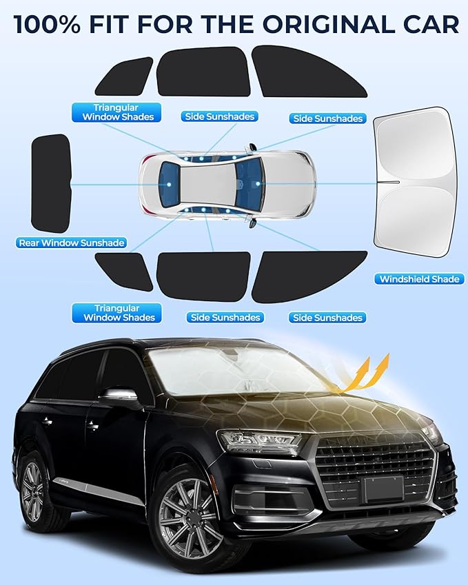 for Audi Q7 2016-2019 Car Window Shades, 8pcs Privacy Sun Shade Set for Front Windshield Side and Rear Windows, Full Window Covers Keeps Vehicle Cool for Camping Napping