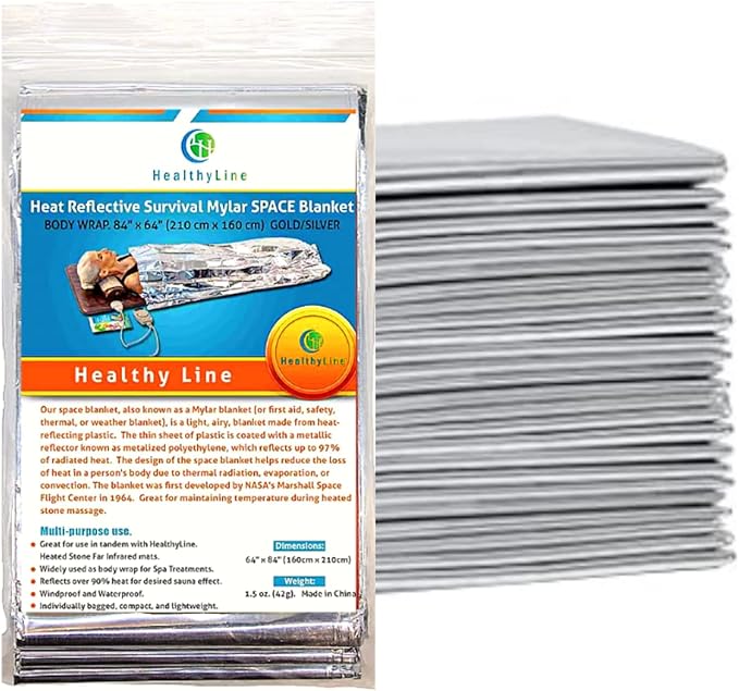 Emergency Mylar Foil Blanket 50-PACK - Extra Large 84" x 64" - Thermal Reflective Covers for Camping, First Aid and Far Infrared Sauna - Survival Prep Gear, Waterproof, Windproof, Lightweight