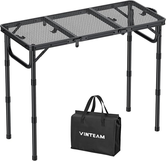 VINTEAM Folding Grill Table with Mesh Top, 3 Adjustable Heights, Lightweight Portable Camping Table, Black Aluminum Alloy BBQ Picnic Table for Outdoor Cooking, Tailgating, Beach, RV & Backyard