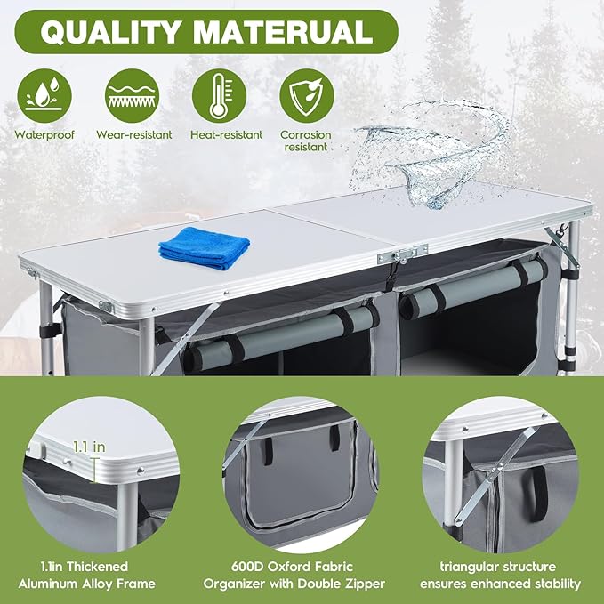Outdoor Folding Camping Table with Storage Organizer, Portable Aluminum Composite Panel Lightweight Table, 3 Adjustable Height, for Indoor, BBQ, Party, Picnic, Hiking, Beach | Outdoor, Storage Organizer, Portable, Lightweight Table, Indoor, BBQ