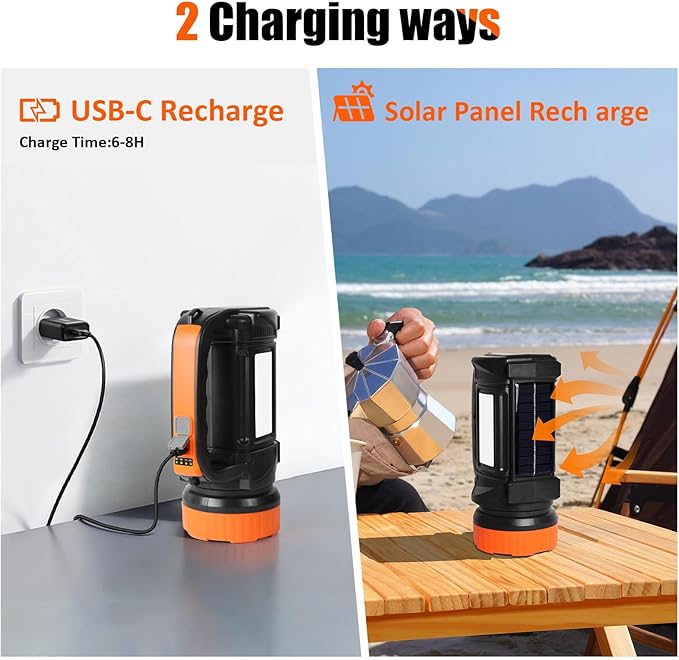 Solar Camping Lantern, LED Flashlight Spotlight Lantern 2000-Lumen 4000mAh, 6 Light Modes, Portable Bright Camping Light, IPX4 Waterproof, Hiking, Power Outages, and Emergencies