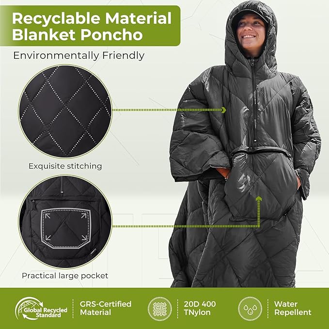 ATEPA Wearable Sleeping Bag, Recycled Water-Resistant Camping Blanket Poncho, Ultralight Packable Stadium Blanket for Outdoor