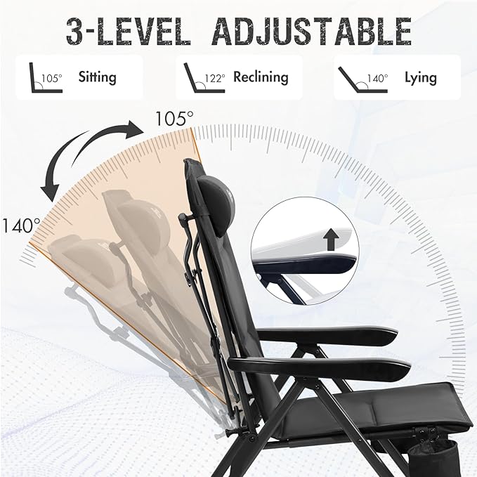 Portal Reclining Camping Chair with Adjustable Back Folding Camp Recliner for Adults Portable High Back Oversized, 350LBS (Black)