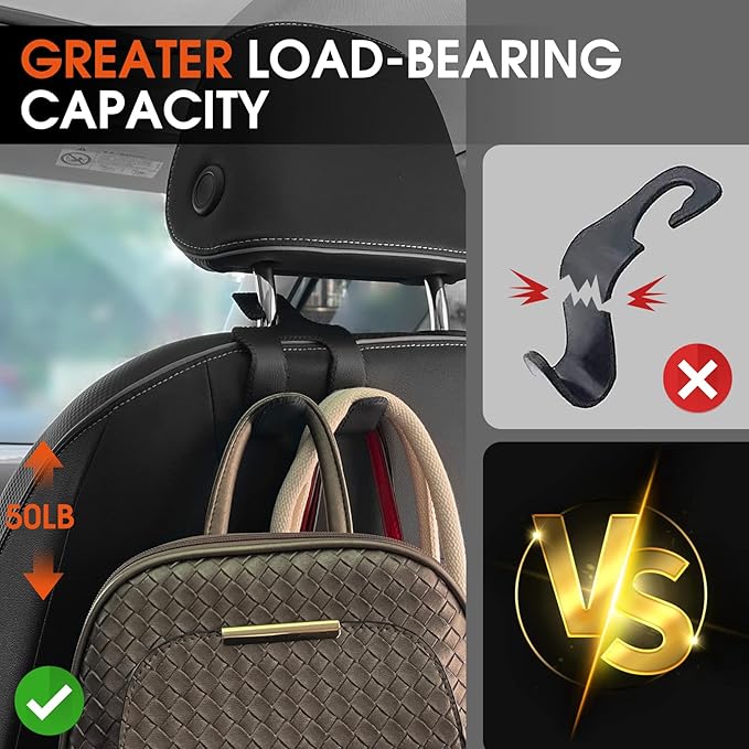 Car Headrest Hooks for Purses and Bags, Upgraded 2 in 1 Cars Back Seat Head Rest Hanger Vehicle Leather Organizer Storage Holder Hook Matching Cars Interior, 2-Pack, Beige