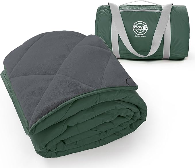 STOVER Large Waterproof Outdoor Stadium Blanket- Extra Thick Soft Fleece Camping Blanket for Travel, Picnics, Sports, Dogs 79"x55", Warm, Windproof, Sand-Proof, Lightweight, Packable (Game Day Green)