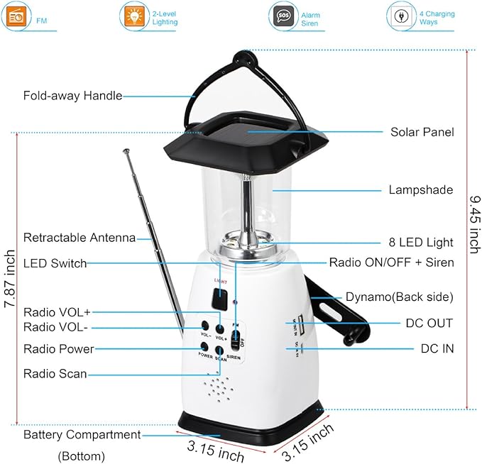 HOSHINE Solar Dynamo Multi-Functional 4-Way Powered Emergency Hand Crank FM Radio LED Camping Lantern Flashlight Phones Charger (White)