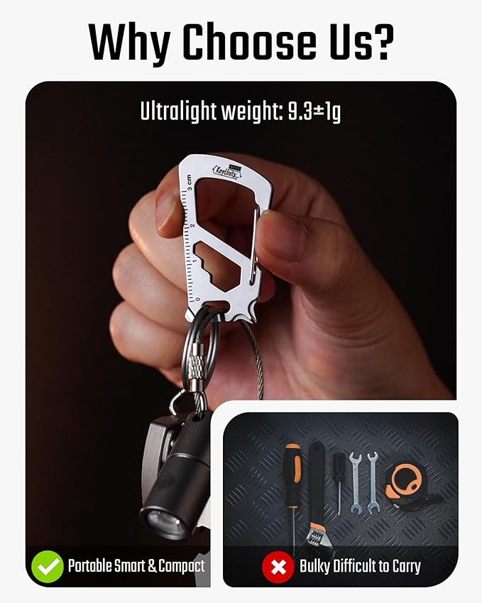 KeyUnity KS00S Carabiner Clip Multitool Stainless Steel 7 Tools in 1, Quick Release Clasp, Wrench, Cross Screwdriver, Slotted Screwdriver, Bottle Opener, Ruler, Key Holder (Silver,Small)