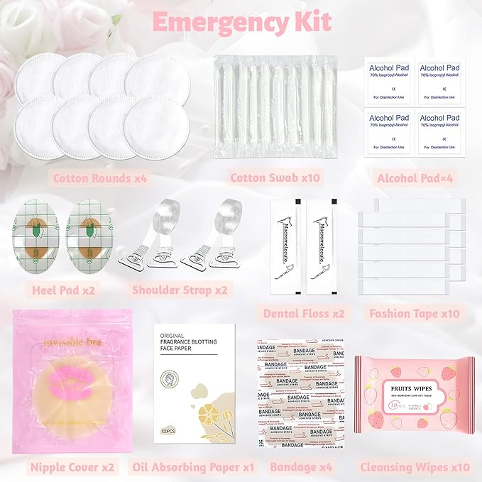 Women's Wedding Emergency Kit for Bride Wedding Survival Set with Makeup Bag, 42 Pc Wedding Daily Travel Essential Items