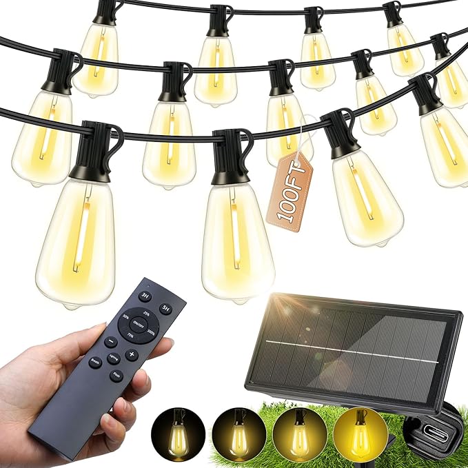 Solar Lights Outdoor Waterproof: ST38 100FT 30M Shatterproof Bulbs Patio Lights - Solar Powered & USB Charging- Remote Control 3 Light Modes Dimmable Solar Light - Camping Backyard Garden