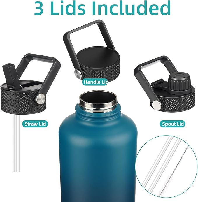 Konokyo Insulated Water Bottle with Straw,87 oz 3 Lids Water Jug with Carrying Bag,Paracord Handle,Double Wall Vacuum Stainless Steel Metal Flask,Indigo Black