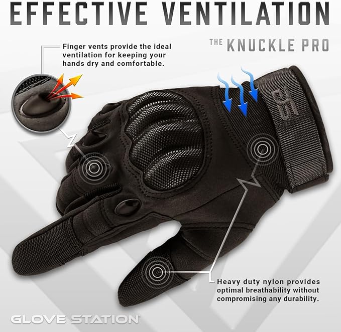 Glove Station Tactical Gloves for Men – Touchscreen Utility Gear with Hard Knuckle Protection Used in Motorcycle, Airsoft, Combat, Police, Shooting & Outdoor Work Black - Hard Knuckle Medium