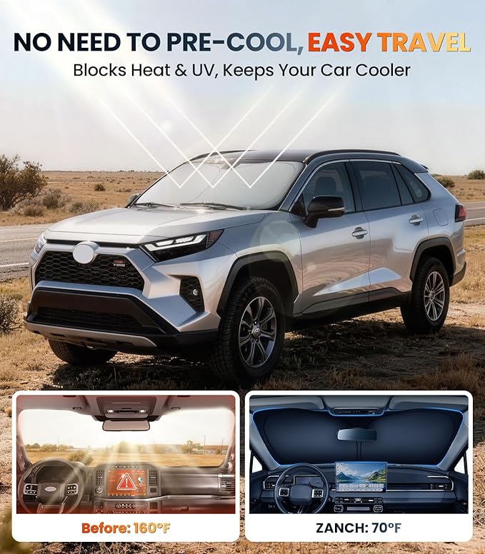 Zanch Custom Windshield Sun Shade for Toyota RAV4 2019-2026, 7-Layer UV & Heat Block, 3D Laser Scanned, Interior Protection, Keep Car Cooler, Foldable SUV Accessories