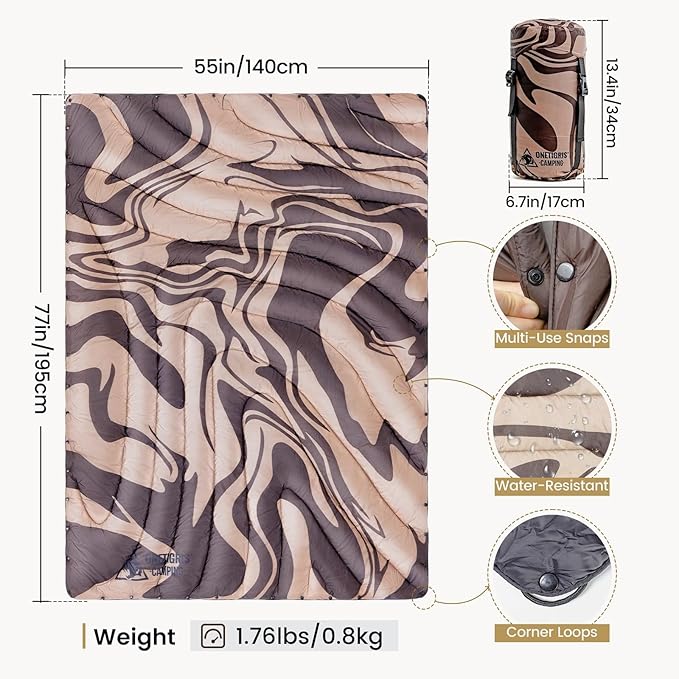 ONETIGRIS Ultralight Camping Blanket, Packable Puffy Quilt Puffy Printed Camping Blanket with Snap Buttons & Corner Loops for Backpacking, Hiking & Travel