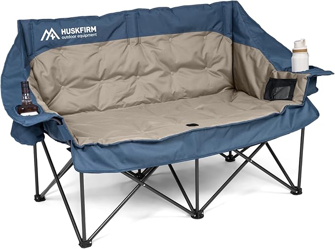 Huskfirm Double Camping Chair Oversized Padded Camping Chairs for Adults Folding Loveseat with Cup Holders and Side Pockets Heavy Duty Outdoor Lawn Chairs for Camping,Sports, Fishing,Beach,Blue