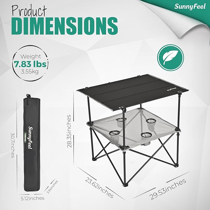 SUNNYFEEL Folding Camping Table- Collapsible Portable Beach Table with 4 Cup Holders & Carry Bags, Tailgate Table for Outdoor Excursion Picnic Hiking Fishing Travel Parties, Black