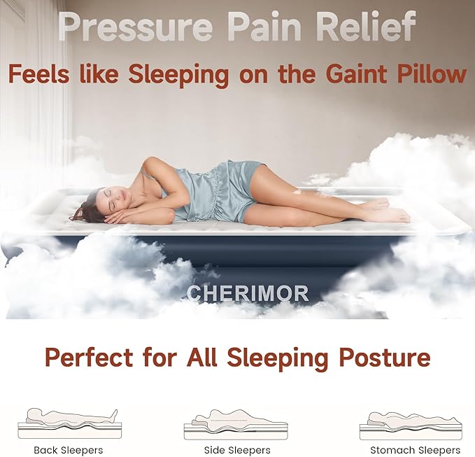 CHERIMOR Twin Air Mattress with Built in Pump, 18 Raised Thick Inflatable Bed, 440lb Comfort Support, Inflatable Blow Up Mattress with Carry Bag for Camping, Fast Self-Inflating Air Bed for Guest&Home