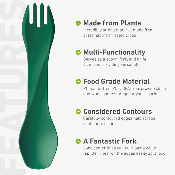 humangear GoBites Bio Uno Spork - Durable Plant-Based Travel Utinsel, Light Gray/Forest Green/Black, Bio Uno 3-Pack