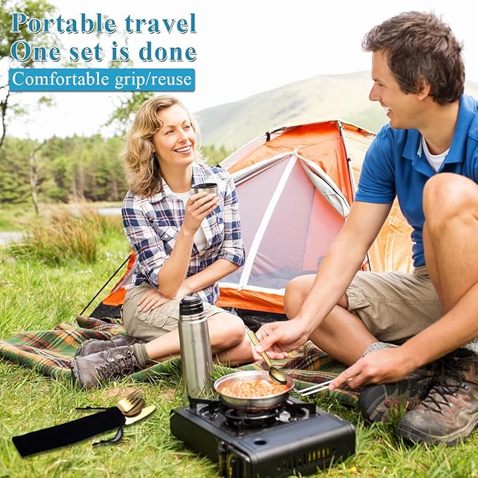Evanda 3 Piece Portable Silverware Set, Include Knife Fork Spoon, Gold Titanium Plating Camping Cutlery Set With Black Bag, For Home Kitchen Camping Travel, Dishwasher Safe