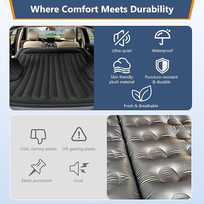 Self-Inflating SUV Air Mattress with Built in Electric Pump，car air Mattress with Pillow for Trunk，Portable car Mattress for Travle and Camping, Black