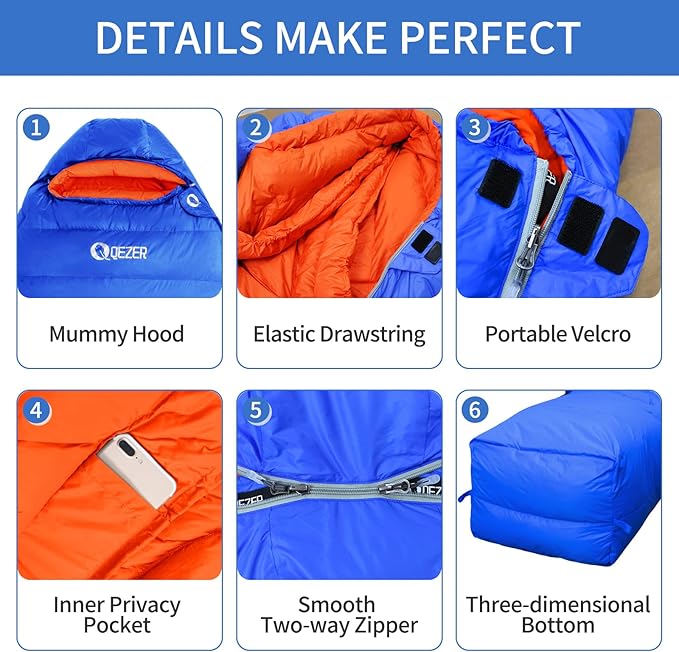 Down Sleeping Bag for Adults, 0°F 10°F 15°F 20°F 600 Fill Power Mummy Lightweight Compact Cold and Warm Weather Backpacking Sleeping Bag for Camping Hiking Outdoor All Seasons