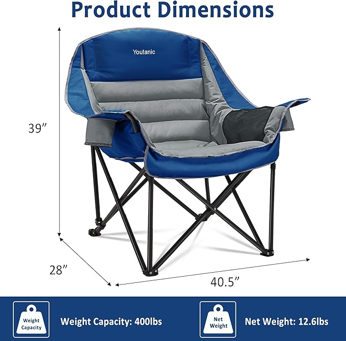 Youtanic Oversized Camping Chair, Portable Folding Camping Chairs with Side Pocket, Cup Holder and Carry Bag, Heavy Duty Outdoor Camping Chairs for Adults, Fishing, Sports, Trip, up to 400lbs, Style 6