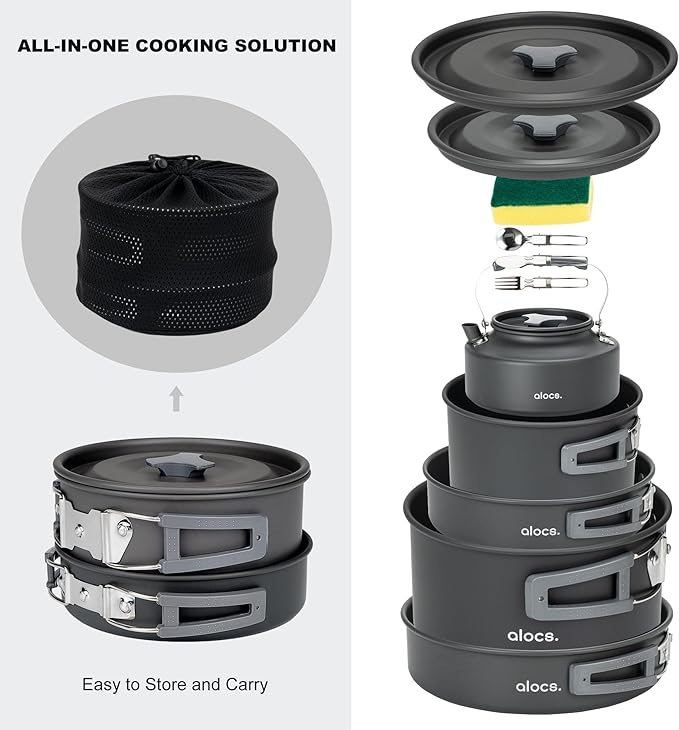 Alocs Camping Cookware Set - Lightweight Camping Pots and Pans - Portable Outdoor Cookware with Kettle - Camping Cookware Mess Kit for 2