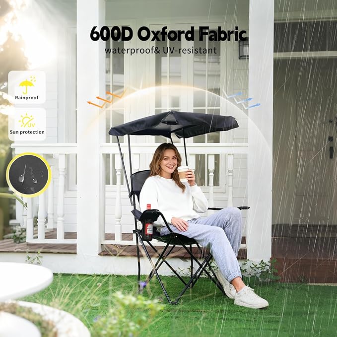 YOUNG WOOD Portable Camping Chair Beach Chair with Shade Canopy, Fold Lightweight Oversized for All, Easy to Open and Close Without Installation, Side Pocket Design for All Outdoor Activities,Black,2p