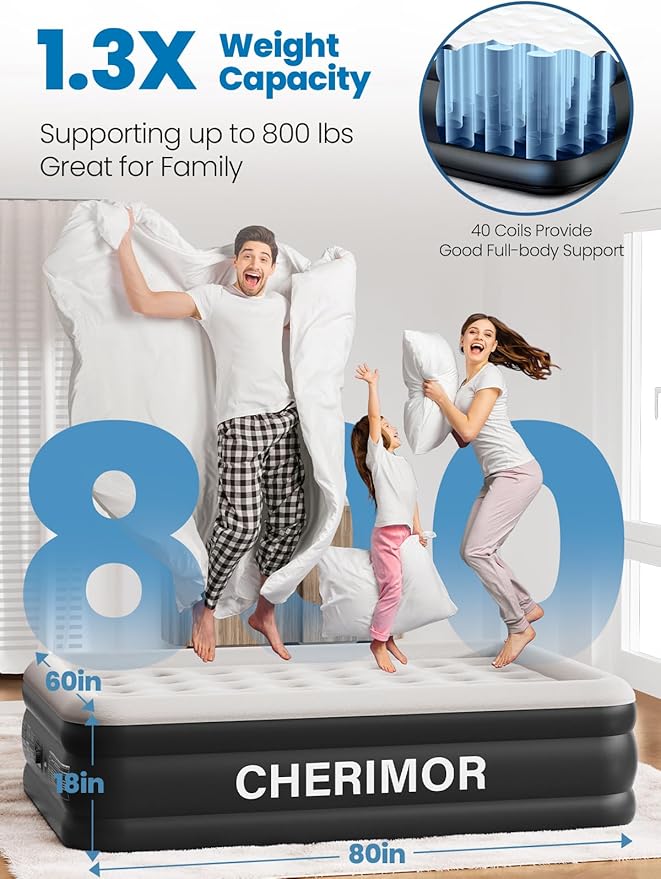 CHERIMOR Queen Air Mattress with Built-in Pump, 18" Raised Comfort, 48Hr Leak-Proof Test, Upgraded Honeycomb Pillar Design, Supports 800 lbs, 3-Min Inflation-Inflatable Bed for Home Guests & Camping