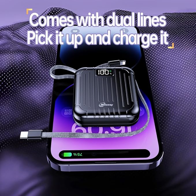 10000mAh Small 22.5W Power Bank with Built in Cable, 3A Fast Charging, 4 Outputs 2 Inputs, Mini Portable Charger for Samsung Google Pixel LG Moto iPhone iPad