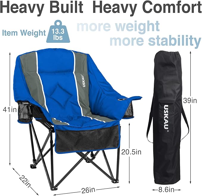 Oversized Camping Chair for Adults - Heavy Duty 400 lbs Padded Folding Chair with Wine Glass Holder, 2 Cup Holders & Side Pockets, Portable Carry Bag for RV, Tailgating, Lawn