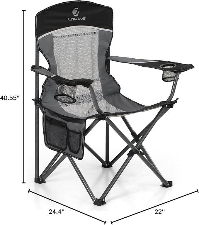 LET'S CAMP Mesh Back Camping Chair Portable Folding Heavy Duty Outdoor Chair Support 330 LBS Durable Large Arm Chair with Cup Holder and Carry Bag for Camp, Fishing, Hiking, Black
