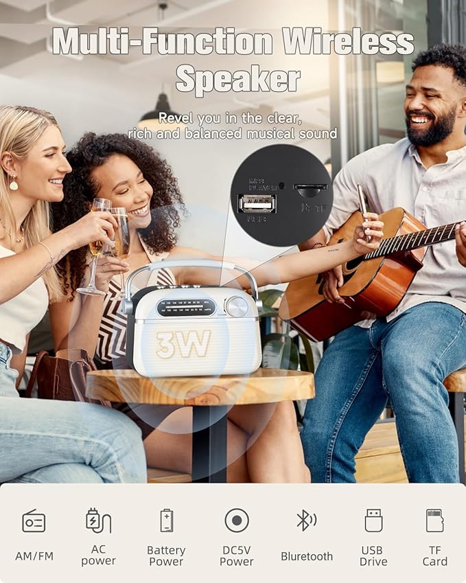 PRUNUS J-130 Radio Portable AM FM, for Dad and Mom, AC Power,Battery Operated/Rechargeable Radio for Emergency Use, Vintage Radios with Bluetooth for Outdoor/Home/Gift