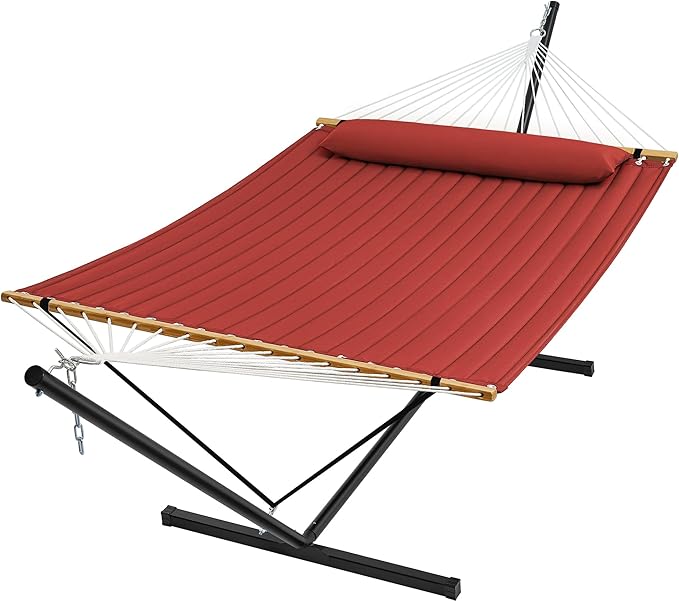 SUPERJARE Hammock with Stand, 2 Person Quilted Outdoor Hammock, Detachable Pillow & Bamboo Spreaders, Portable Hammock with Carrying Bag, Heavy Duty Stand, Perfect for Outside, Patio, Burgundy