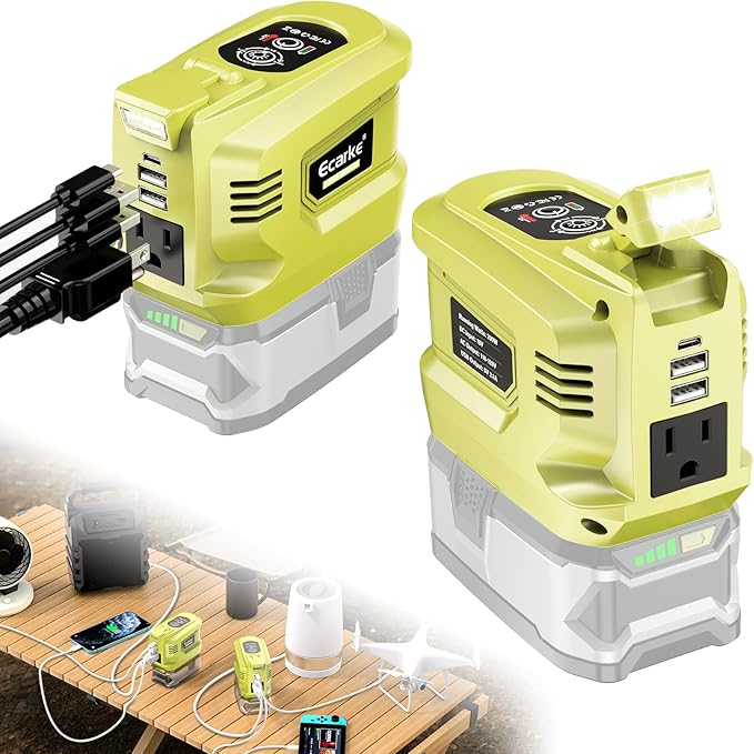 Ecarke 200W Portable Power Inverter Compatible with Ryobi 18V Battery, DC 18V to AC 110V Power Station with 1 AC Outlet, 2 USB, 1 Type-C & LED Light, for Outdoor Emergency Use (No Battery)(2-Pack)