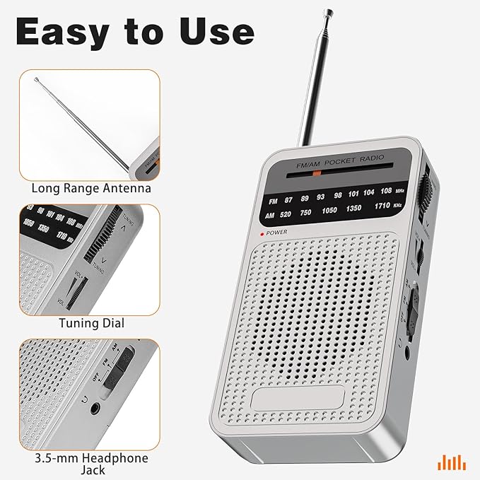 Portable Radio AM FM with Long Range Reception, Goodes Transistor Radio with Loud Speaker, Headphone Jack, 2AA Battery Operated for Indoor, Outdoor and Emergency Use - Silver