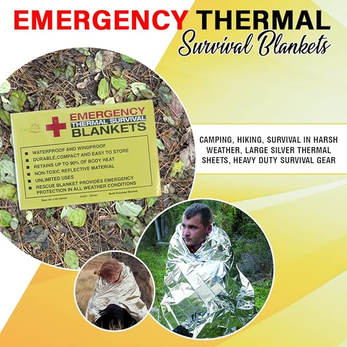 Rawyer Emergency Thermal Survival Blankets (4 Pack), Mylar Blankets for Outdoor, Camping, Hiking, Harsh Weather, Large Silver Thermal Sheets, Heavy Duty Survival Gear (4 pcs, Size 84x52)