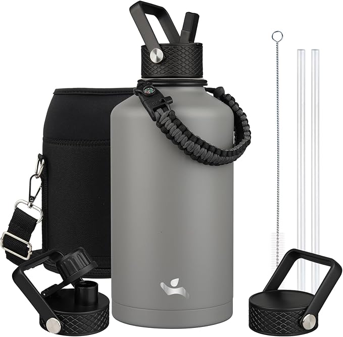 Konokyo Insulated Water Bottle with Straw,87 oz 3 Lids Water Jug with Carrying Bag,Paracord Handle,Double Wall Vacuum Stainless Steel Metal Flask,Gray