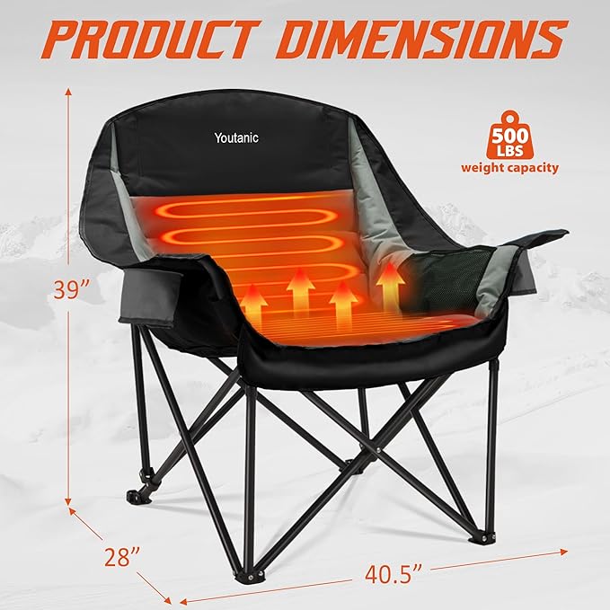 Youtanic Heated Camping Chair, 3 Heat Levels Oversized Padded Lawn Chair with Side Pockets and Cup Holder, Outdoor Heating Folding Camp Chair for Adults, Fishing, Sports, Picnic, up to 500lbs, Style 1