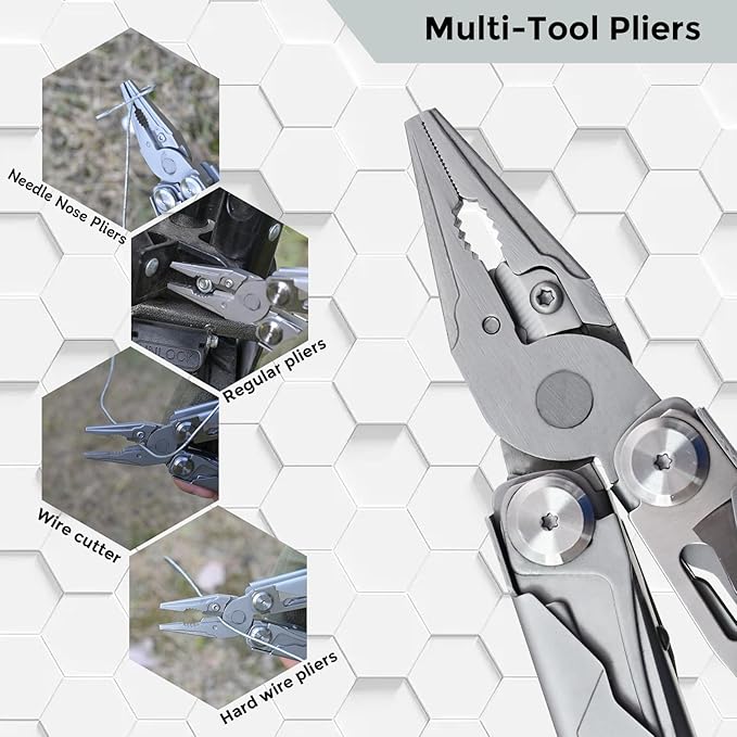 Multitool with Pocket Knife, 25-in-1 Stainless Steel Pliers and Screwdriver, Self-locking Multi-tool EDC Gear with Sheath and Replaceable Cutter Blades, Suitable for Camping and Hiking