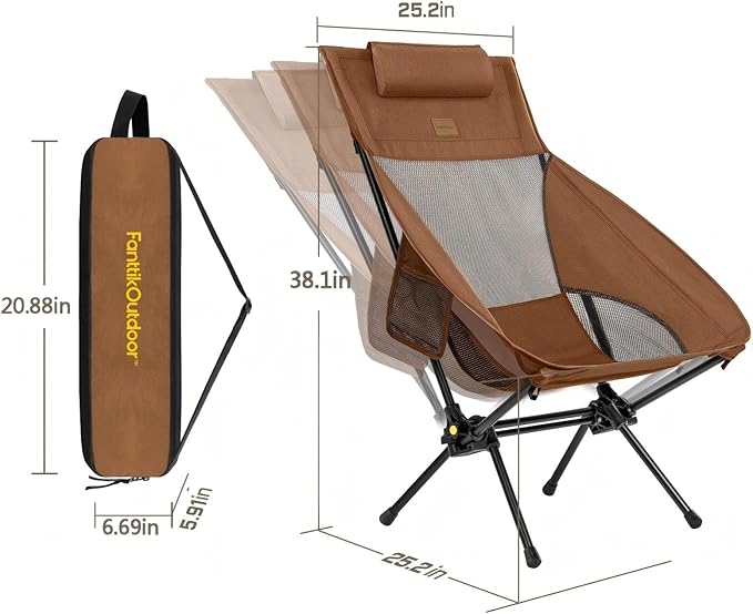 FanttikOutdoor Zeta L8 Max Camping Chair, Portable & Lightweight, Multi-Angle Adjustable, Supports up to 250 lbs, Comfort-Driven Design, High Strength Camping Chair for Travel, Hiking, Fishing, Brown