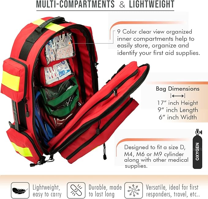 NOVAMEDIC First Aid Empty EMT Tactical Backpack Bag ,17"x6"x9", for Emergency and First Responder Trauma Treatment Oxygen O2 Tank and Medical Supplies Back Pack, Red