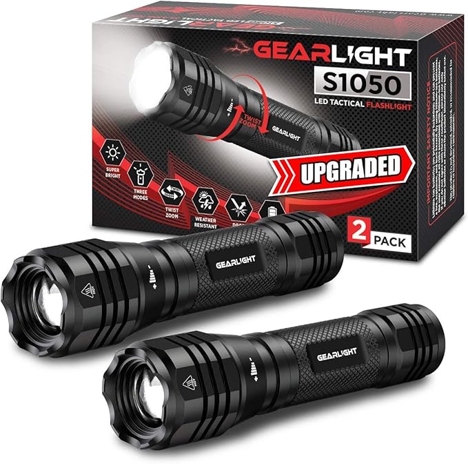 GearLight S1050 LED Flashlight High Lumens - for Camping, Hiking, Dog Walking - Powerful Emergency Flashlights with 3 Modes for Outdoor Use - Bright Flashlight - 2 Pack, (Batteries Not Included)