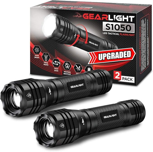 GearLight S1050 LED Flashlight High Lumens - for Camping, Hiking, Dog Walking - Powerful Emergency Flashlights with 3 Modes for Outdoor Use - Bright Flashlight - 2 Pack, (Batteries Not Included)