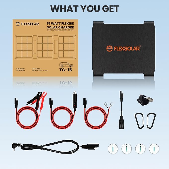 FlexSolar 15W Foldable Solar Panel Trickle Charger Maintainer Kits - 12V DC & USB Output with Built-in Controller Includes Cigarette Lighter, Alligator Clips, O-Rings,OBDII Connector for Car, Truck