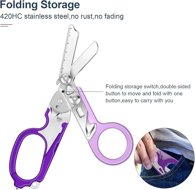 6 In1 Multifunction Emergency Response Shears, Stainless Steel Foldable Trauma Shears with Strap Cutter and Glass Breaker,Medical Scissors with Holster and Penlight Purple