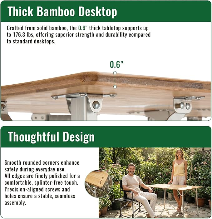 KingCamp Bamboo Folding Table, Camping Outdoor Portable Camp Table with Adjustable Height legs & Carry Bag for Outdoor RV Backyard Picnic Tailgating Beach