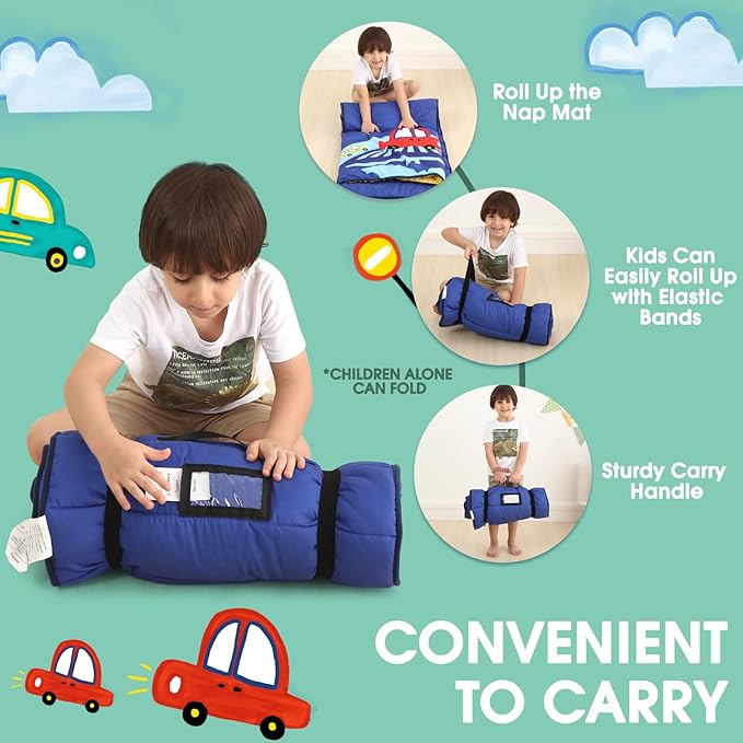 ACRABROS Toddler Nap Mat with Pillow and Blanket, Large Rolled Napping Mats,Slumber Bags for Boys Girls,Kids Sleeping Bag for Daycare, Preschool Travel