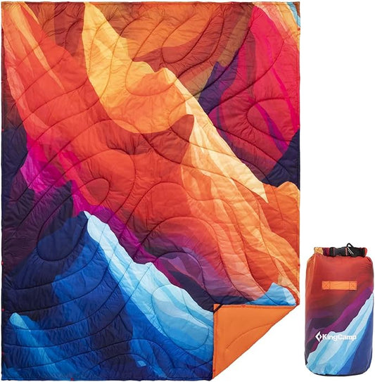 KingCamp Ultralight Camping Blanket, Packable Down Alternative Puffy Printed Wearable Blanket with Snap Buttons & Corner Loops Weatherproof Quilt for Outdoor Travel Stadium (78.7"L x 57.1"W, PEAK)